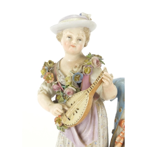 3048 - 19th century Meissen figure group of a boy and girl playing a mandolin, blue cross sword marks and n... 
