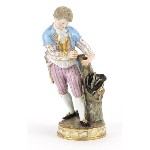 3279 - 19th century Meissen hand painted porcelain figure of a young male splicing a branch to a tree, blue... 