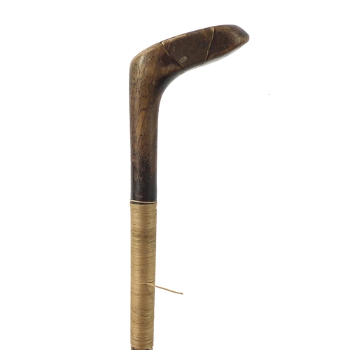 3340 - Golfing interest Sunday walking stick putter inset with  brass, 90cm in length