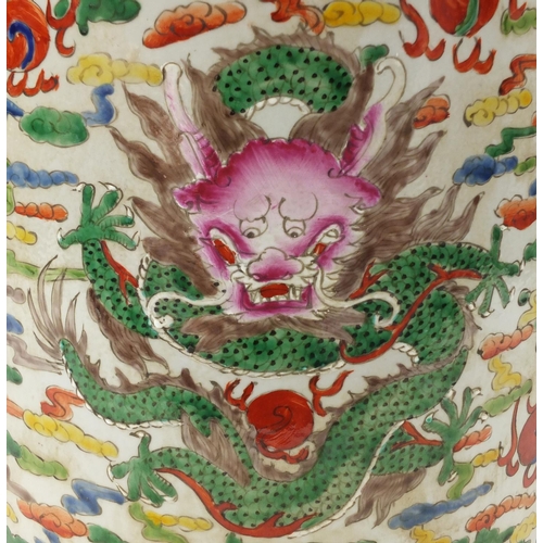 3553 - Large Chinese porcelain planter, hand painted in the famille vert palette with dragons amongst cloud... 