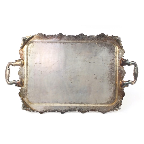 3359 - Heavy silver plated serving tray with twin handles, engraved with flowers, 69cm x 41cm