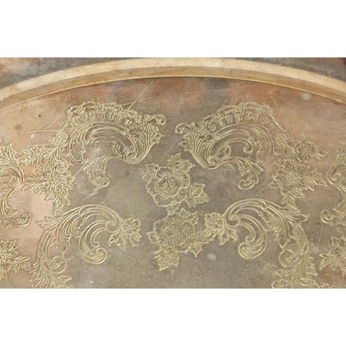 3866 - Heavy silver plated serving tray with twin handles, engraved with flowers, 69.5cm wide x 42.5cm deep