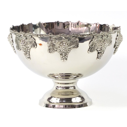 3518 - Large Silver plated punch bowl decorated with grapes, 27cm high x 38.5cm in diameter