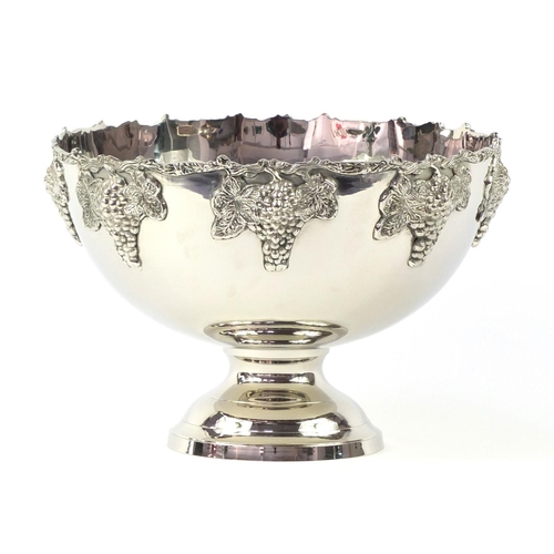 3518 - Large Silver plated punch bowl decorated with grapes, 27cm high x 38.5cm in diameter