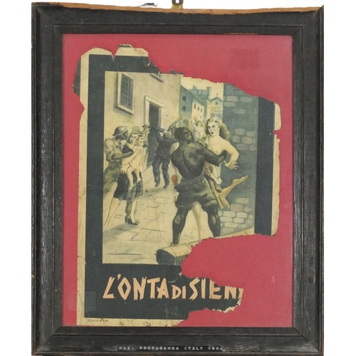 3123 - Remnants of 1944 Nazi propaganda poster house in oak frame, 41cm x 34cm