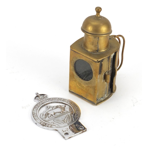 3242 - Royal East African Automobile Association car badge and brass lantern, largest 15.5cm high