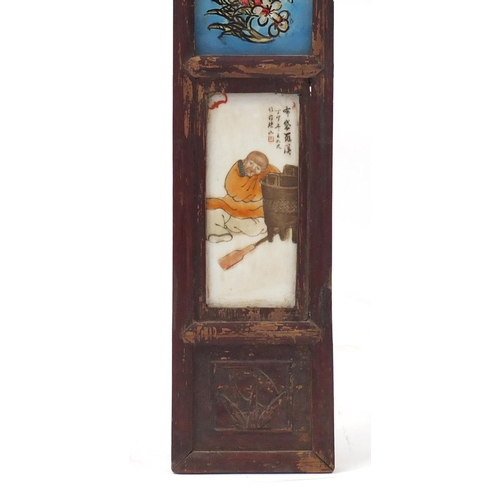 3558 - Pair of Chinese porcelain panels housed in a hardwood frame, each hand painted with monks and callig... 