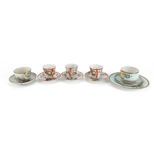 3949 - Japanese Kutani porcelain cups and saucers including a saucer finely hand painted with figures and b... 