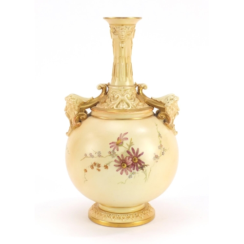 3146 - Royal Worcester blush ivory vase with masks, decorated with flowers, numbered 1552, 26.5cm high