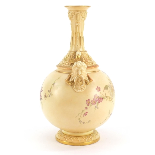 3146 - Royal Worcester blush ivory vase with masks, decorated with flowers, numbered 1552, 26.5cm high