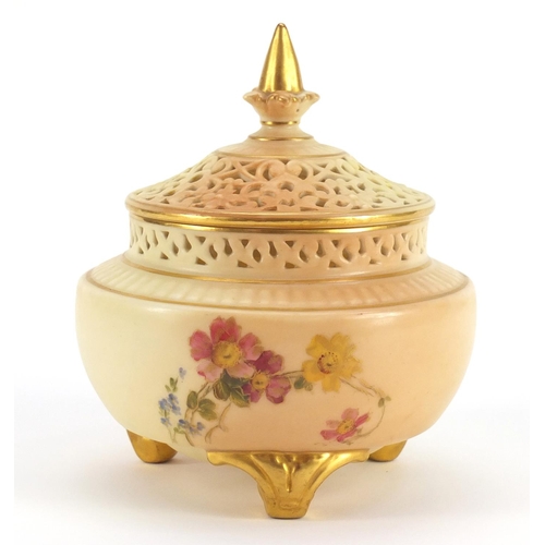 3046 - Royal Worcester blush ivory potpourri vase with pierced lid, decorated with flowers, numbered 120, 1... 