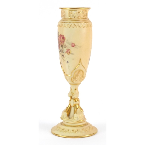 3148 - Royal Worcester blush ivory pedestal vase with dolphin support, decorated with flowers, numbered 163... 