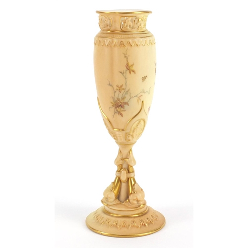 3148 - Royal Worcester blush ivory pedestal vase with dolphin support, decorated with flowers, numbered 163... 