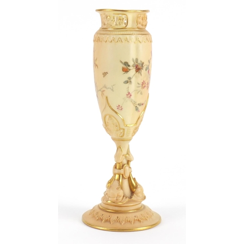 3148 - Royal Worcester blush ivory pedestal vase with dolphin support, decorated with flowers, numbered 163... 