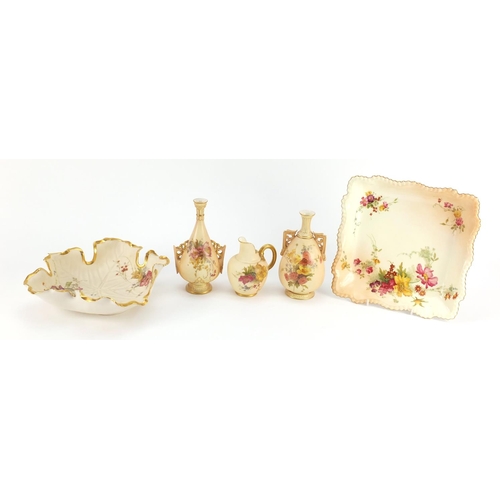 3363 - Royal Worcester blush ivory comprising two vases with twin handles, flat back jug, naturalistic leaf... 