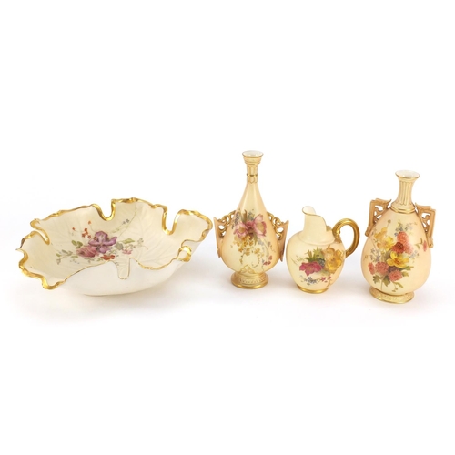 3363 - Royal Worcester blush ivory comprising two vases with twin handles, flat back jug, naturalistic leaf... 