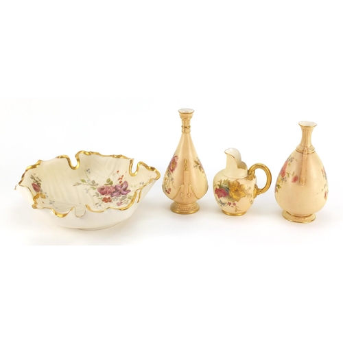 3363 - Royal Worcester blush ivory comprising two vases with twin handles, flat back jug, naturalistic leaf... 