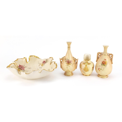 3363 - Royal Worcester blush ivory comprising two vases with twin handles, flat back jug, naturalistic leaf... 