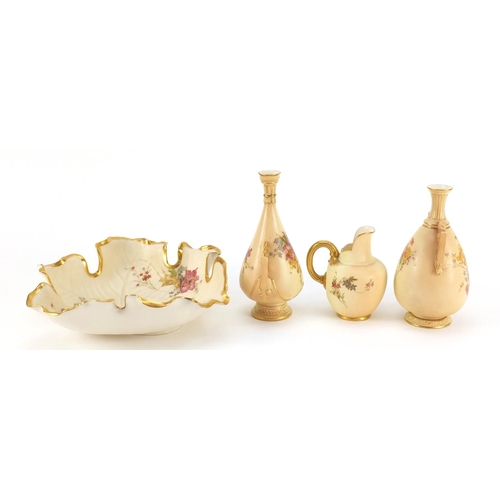 3363 - Royal Worcester blush ivory comprising two vases with twin handles, flat back jug, naturalistic leaf... 