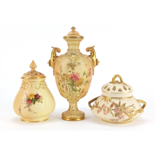 3362 - Two Royal Worcester blush ivory potpourri vases with covers and a vase with cover and twin handles, ... 