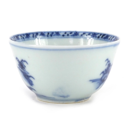 3209 - Chinese blue and white porcelain tea bowl from the Nanking cargo, hand painted with a landscape, lab... 