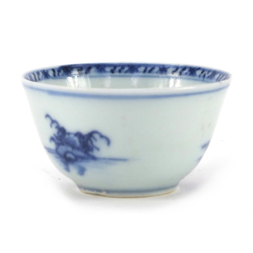 3209 - Chinese blue and white porcelain tea bowl from the Nanking cargo, hand painted with a landscape, lab... 