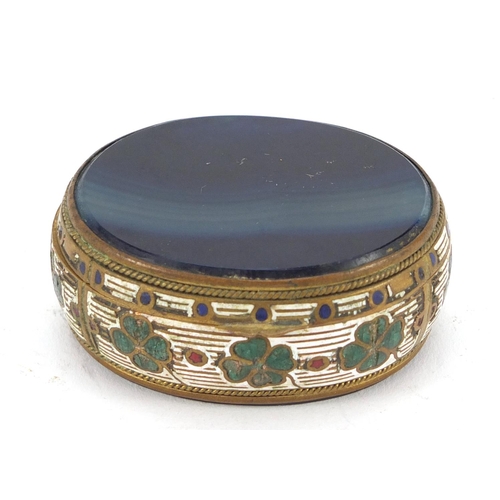 3183 - Oval enamelled brass and blue agate patch box with hinged lid, 5cm wide