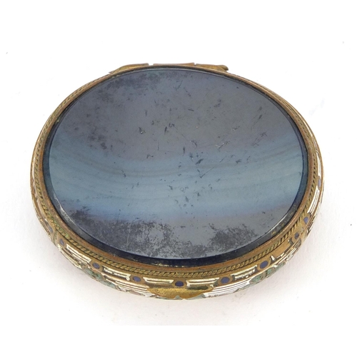 3183 - Oval enamelled brass and blue agate patch box with hinged lid, 5cm wide