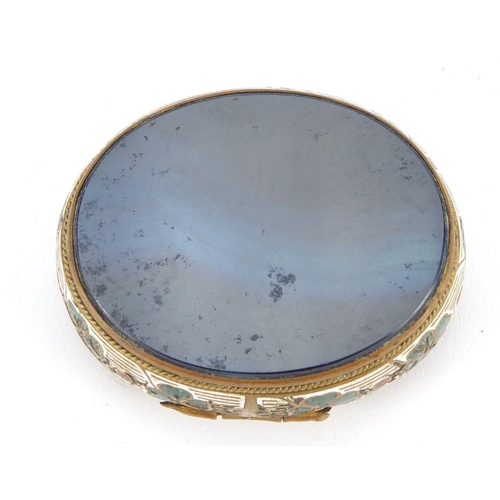 3183 - Oval enamelled brass and blue agate patch box with hinged lid, 5cm wide