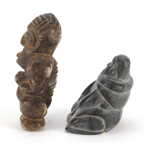 3833 - Canadian Inuit stone carving of an Eskimo and a South American stone carving of a figure, the larges... 