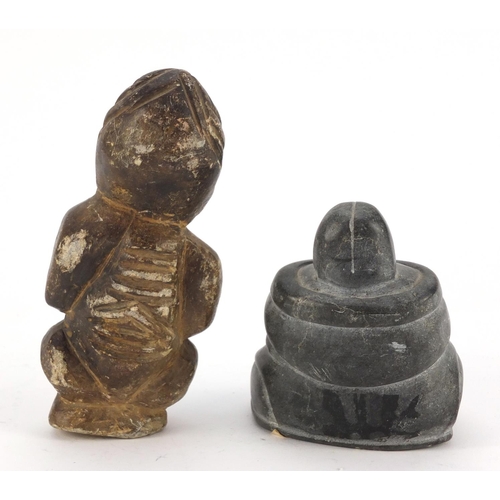 3833 - Canadian Inuit stone carving of an Eskimo and a South American stone carving of a figure, the larges... 