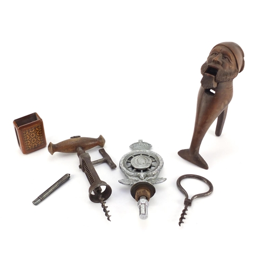 3241 - Objects including steel corkscrew, silver pencil holder, Black Forest nutcrackers, Tunbridge ware ma... 