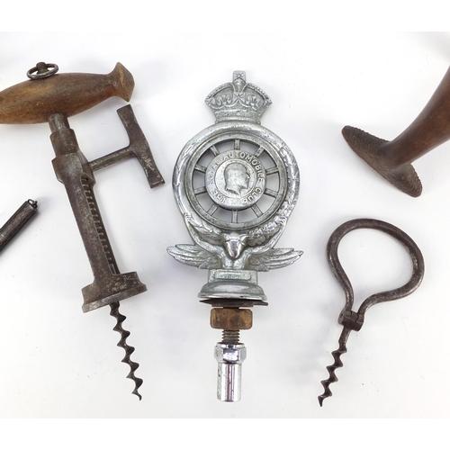 3241 - Objects including steel corkscrew, silver pencil holder, Black Forest nutcrackers, Tunbridge ware ma... 