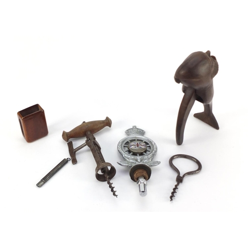 3241 - Objects including steel corkscrew, silver pencil holder, Black Forest nutcrackers, Tunbridge ware ma... 