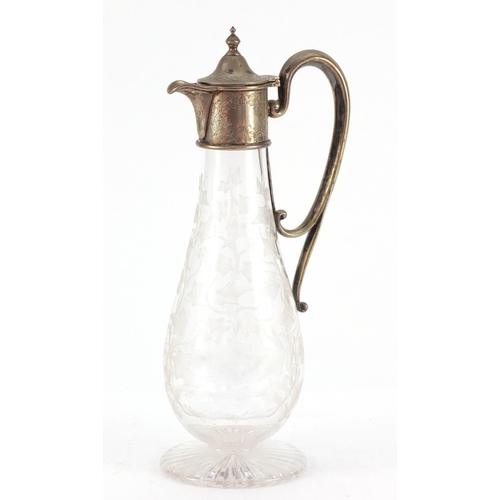 3153 - Victorian glass claret jug with silver plated mounts possibly by Webb, the body acid etched with a s... 