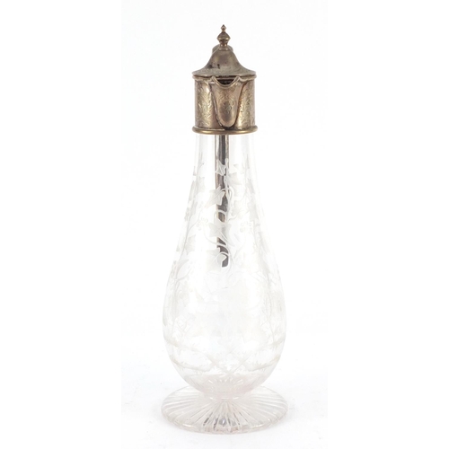 3153 - Victorian glass claret jug with silver plated mounts possibly by Webb, the body acid etched with a s... 