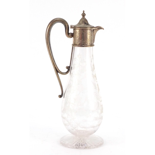 3153 - Victorian glass claret jug with silver plated mounts possibly by Webb, the body acid etched with a s... 