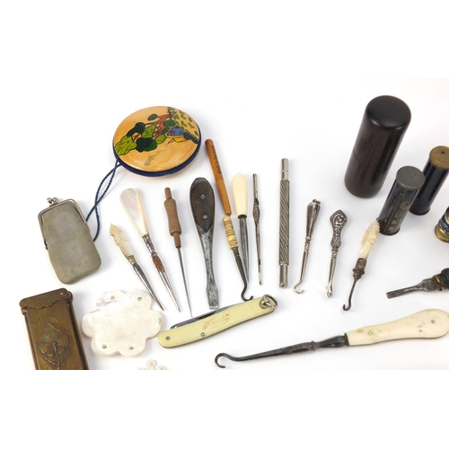 3676 - Victorian and later sewing items, including a brass quadruple golden casket, bone handled umbrella d... 