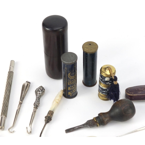 3676 - Victorian and later sewing items, including a brass quadruple golden casket, bone handled umbrella d... 