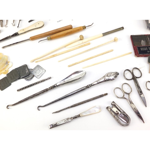 3676 - Victorian and later sewing items, including a brass quadruple golden casket, bone handled umbrella d... 