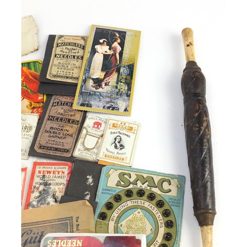 3676 - Victorian and later sewing items, including a brass quadruple golden casket, bone handled umbrella d... 