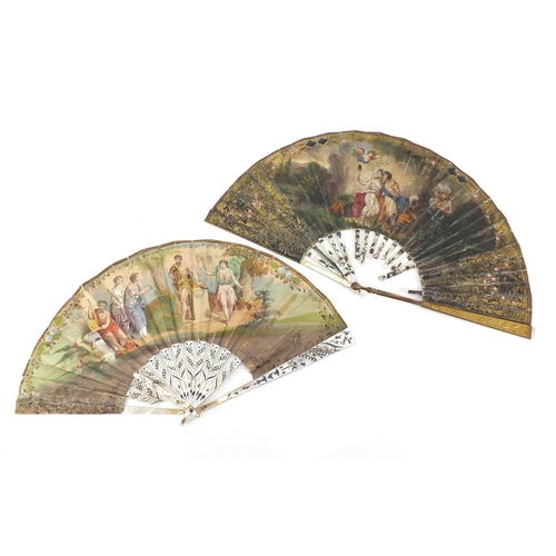 3982 - Two 19th century fans with mother of pearl sticks having silver inlay, each hand painted with classi... 