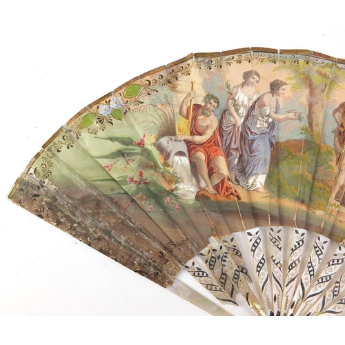 3982 - Two 19th century fans with mother of pearl sticks having silver inlay, each hand painted with classi... 