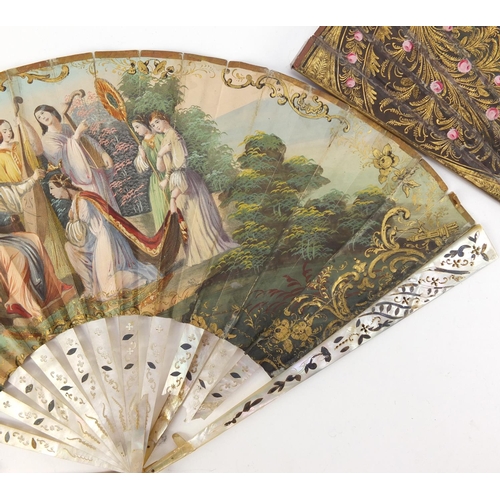 3982 - Two 19th century fans with mother of pearl sticks having silver inlay, each hand painted with classi... 