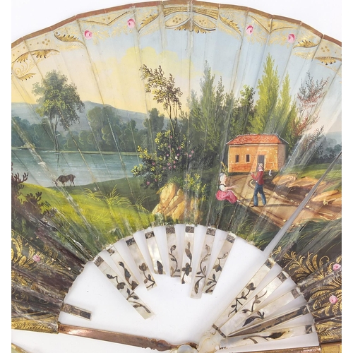 3982 - Two 19th century fans with mother of pearl sticks having silver inlay, each hand painted with classi... 