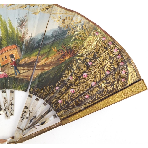 3982 - Two 19th century fans with mother of pearl sticks having silver inlay, each hand painted with classi... 