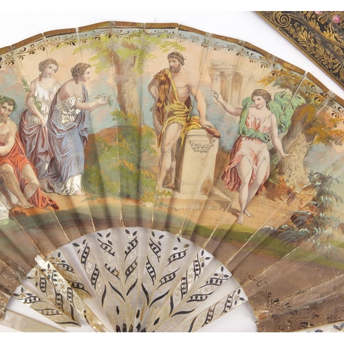 3982 - Two 19th century fans with mother of pearl sticks having silver inlay, each hand painted with classi... 