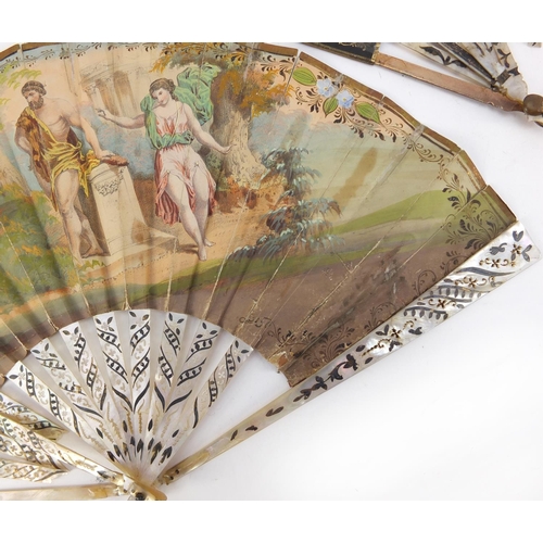 3982 - Two 19th century fans with mother of pearl sticks having silver inlay, each hand painted with classi... 