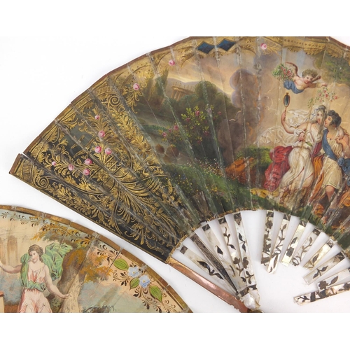 3982 - Two 19th century fans with mother of pearl sticks having silver inlay, each hand painted with classi... 