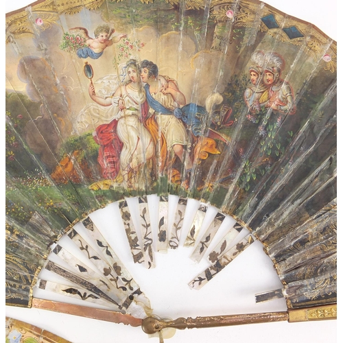 3982 - Two 19th century fans with mother of pearl sticks having silver inlay, each hand painted with classi... 